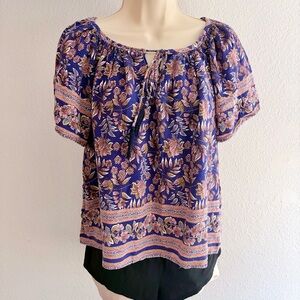 Joie Floral Boho Peasant Blouse Tassel Tie Blue Pink Rayon Small